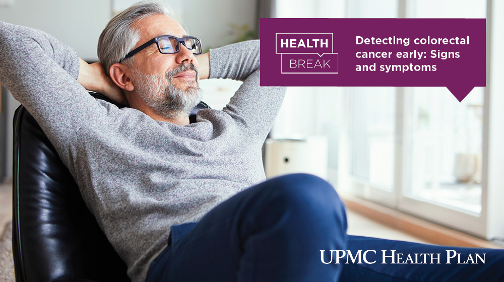 Person relaxing in a chair with text overlay of "Detecting colorectal cancer early: Signs and symptoms"