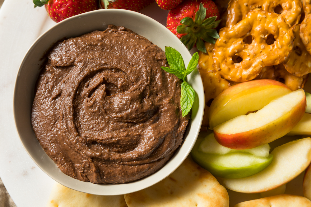 Homemade Chocolate Dessert Hummus Dip with Apples and Naan