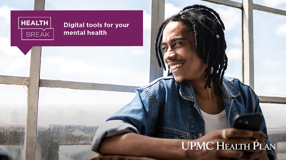 Person smiling while looking out of a window, with the text of "Digital tools for your mental health" on the image. 