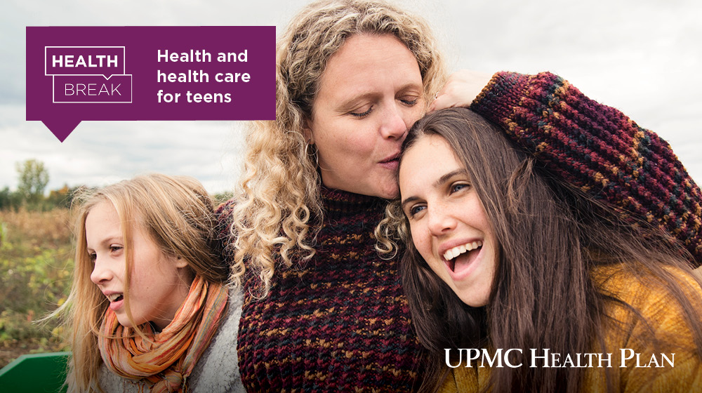 Photo of a mom with two teen daughters with text overlay of "Health and health care for teens"
