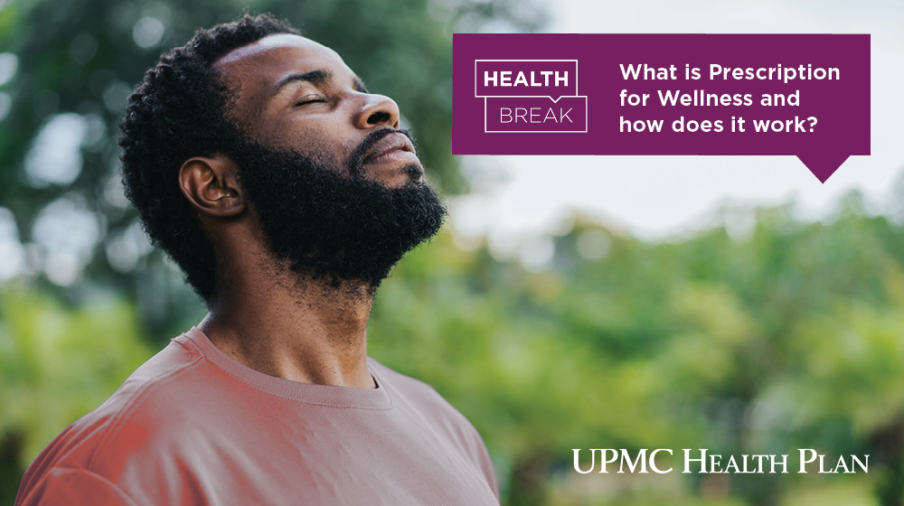 Person standing outside facing the sky closing their eyes and taking a deep breath, with overlay text that reads, "What is Prescription for Wellness and how does it work?"