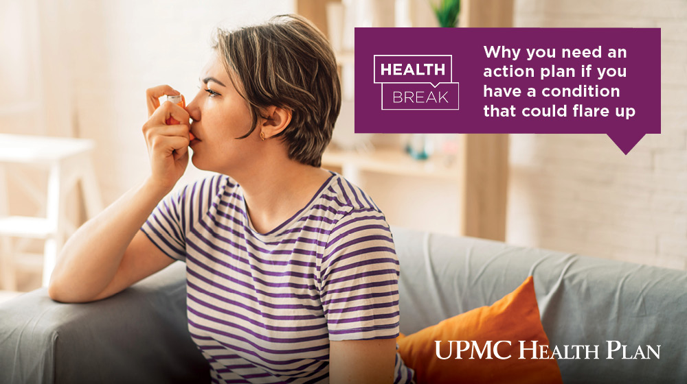 Person using an inhaler with text overlay of "Why you need an action plan if you have a condition that could flare up"
